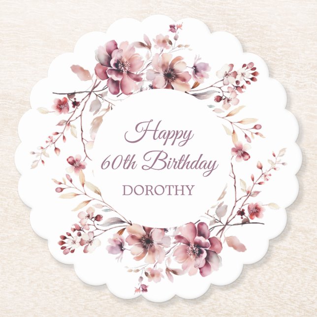 Personalised Burgundy Pink Floral 60th Birthday Paper Coaster (Front)