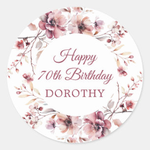 Personalised Burgundy Pink Floral 70th Birthday Classic Round Sticker