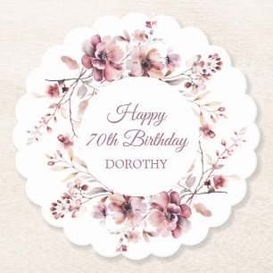 Personalised Burgundy Pink Floral 70th Birthday Paper Coaster