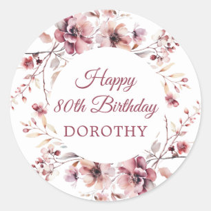Personalised Burgundy Pink Floral 80th Birthday Classic Round Sticker