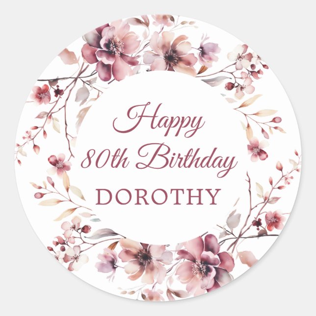 Personalised Burgundy Pink Floral 80th Birthday Classic Round Sticker (Front)