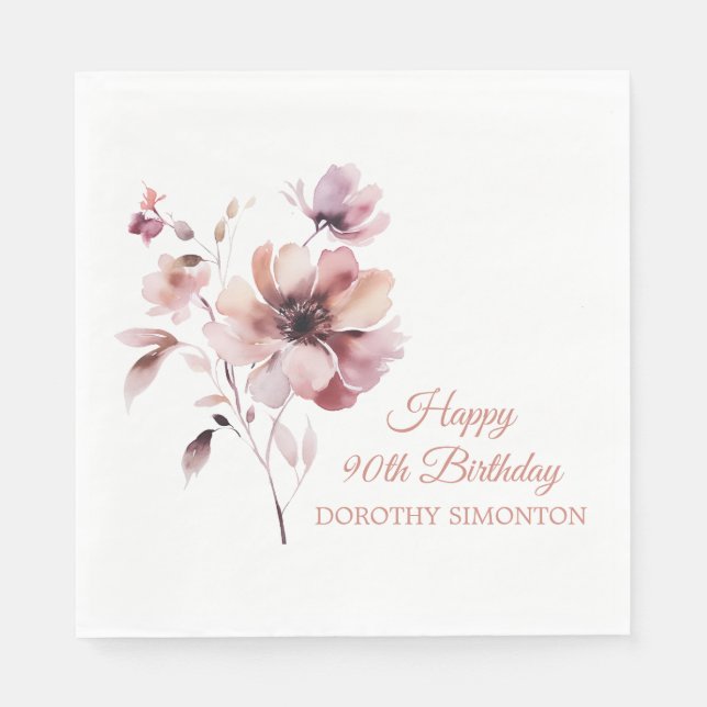 Personalised Burgundy Pink Floral 90th Birthday Napkin (Front)