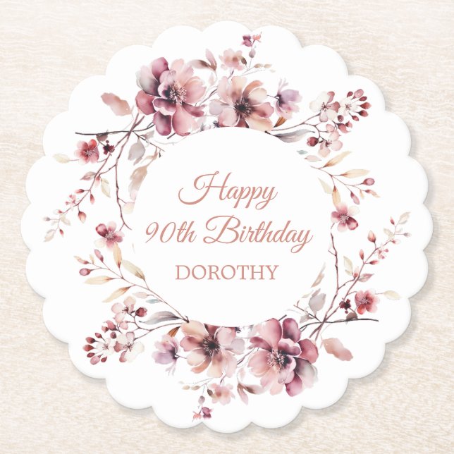 Personalised Burgundy Pink Floral 90th Birthday Paper Coaster (Front)