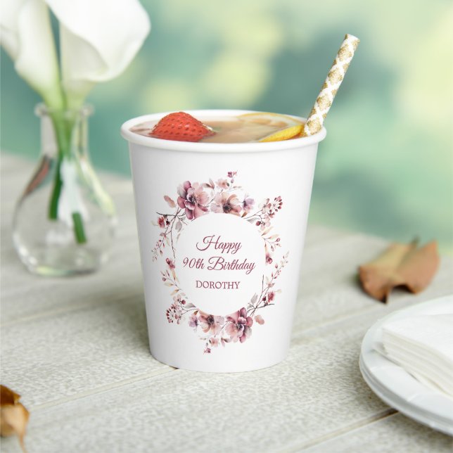Personalised Burgundy Pink Floral 90th Birthday Paper Cups (Insitu)