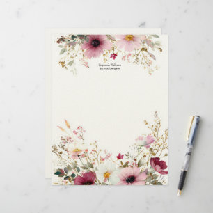 Personalised Burgundy Pink Wildflowers Florals Custom Letterhead