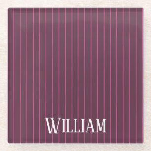 Personalised burgundy pinstripes glass coaster