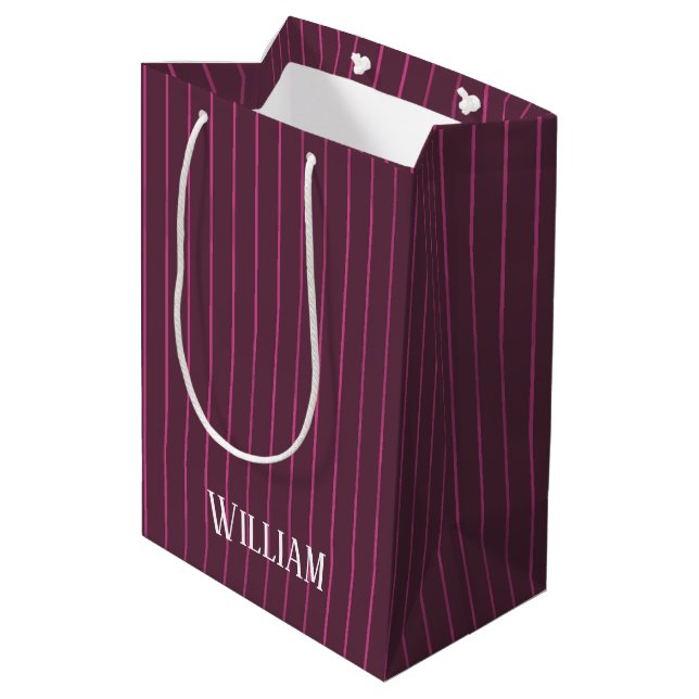 Personalised burgundy pinstripes medium gift bag (Back Angled)