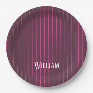 Personalised burgundy pinstripes paper plate