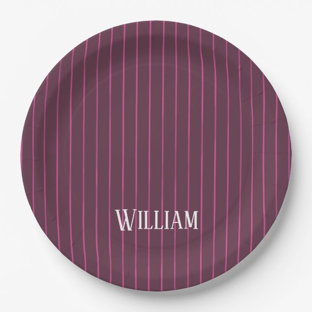 Personalised burgundy pinstripes paper plate (Front)