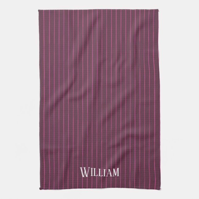 Personalised burgundy pinstripes tea towel (Vertical)