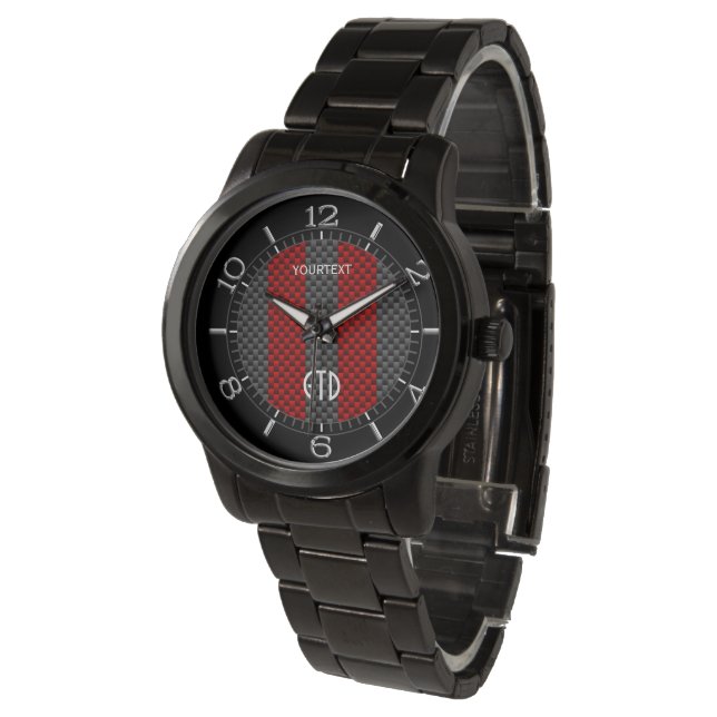Personalised Burgundy Red Carbon Style Stripes Watch (Angled)