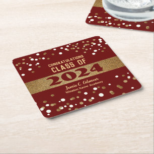 Personalised Burgundy red Class of 2024 Graduation Square Paper Coaster