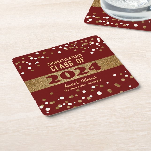 Personalised Burgundy red Class of 2024 Graduation Square Paper Coaster (Angled)
