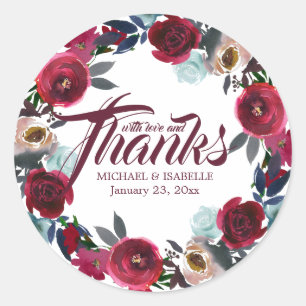 Personalised Burgundy Red Floral Wedding Thank You Classic Round Sticker
