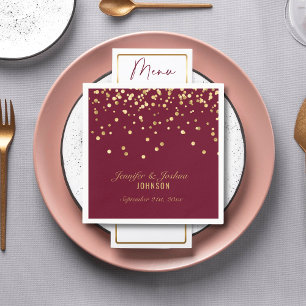 Personalised BURGUNDY Red Gold Confetti Wedding Napkin