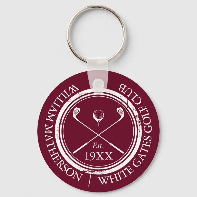 Personalised Burgundy Red Golf Club Name Key Ring (Front)