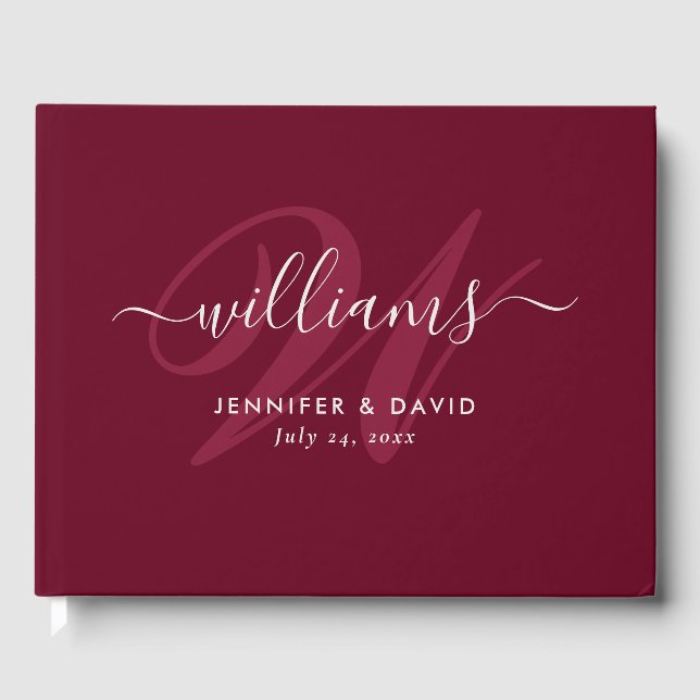 Personalised Burgundy Red Monogram Wedding Guest Book (Front)