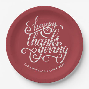 Personalised Burgundy Script Happy Thanksgiving Paper Plate