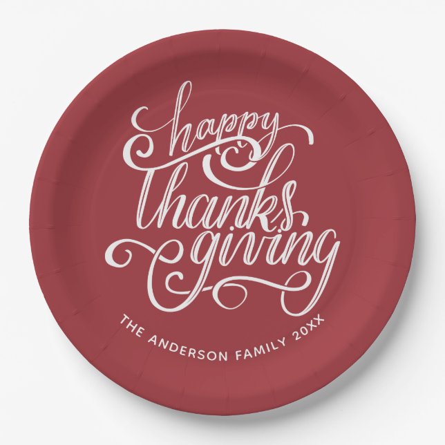 Personalised Burgundy Script Happy Thanksgiving Paper Plate (Front)