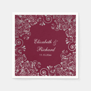 Personalised Burgundy Silver Grey Script Wedding Napkin