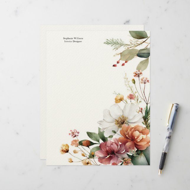 Personalised Burgundy Teal White Florals  Custom Letterhead (Front/Back In Situ)