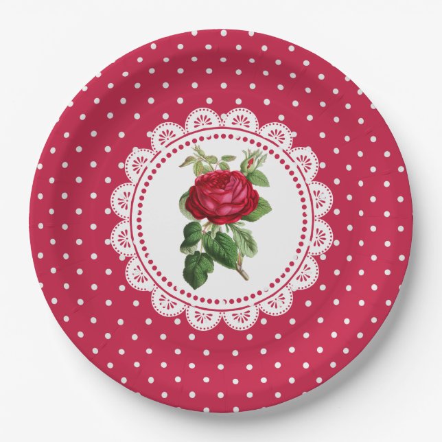 Personalised Burgundy Vintage Rose Paper Plates (Front)