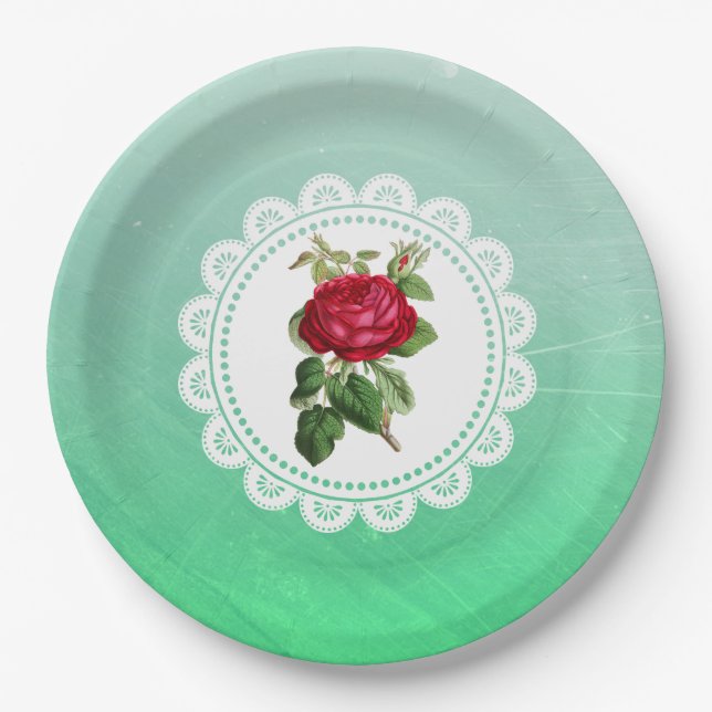 Personalised Burgundy Vintage Rose Paper Plates (Front)