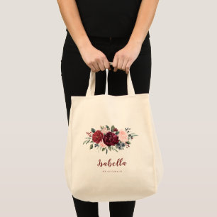Personalised burgundy watercolor floral bridesmaid tote bag