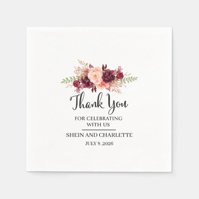 Personalised Burgundy Wedding Favour, Boho Flo Napkin (Front)