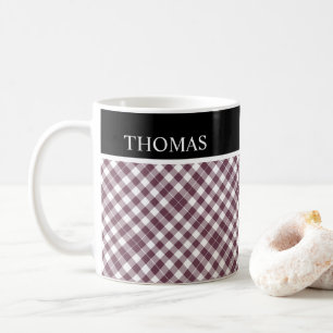 Personalised Burgundy White Gingham Custom Name Coffee Mug