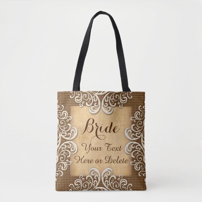 Personalised Burlap and Lace Wedding Gifts Tote Bag (Front)