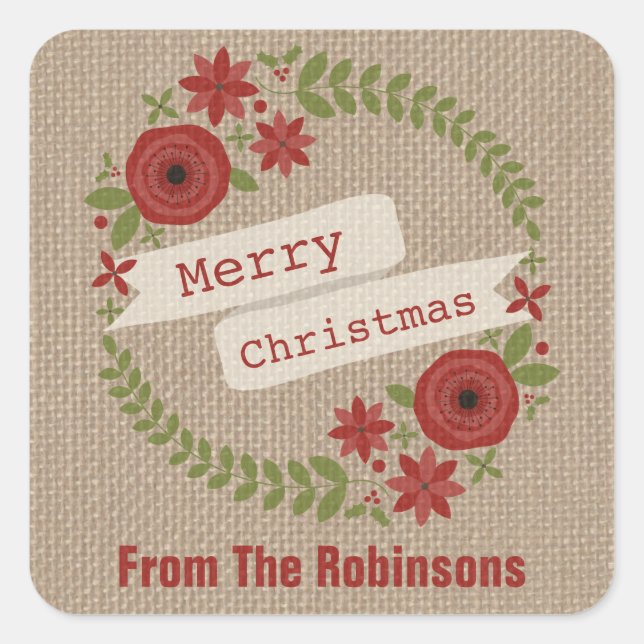 Personalised Burlap Inspired Wreath Christmas Square Sticker (Front)