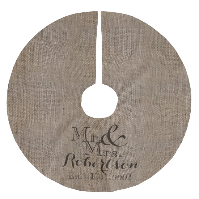 Personalised Burlap-Look Rustic Wedding Keepsake Brushed Polyester Tree Skirt (Front)