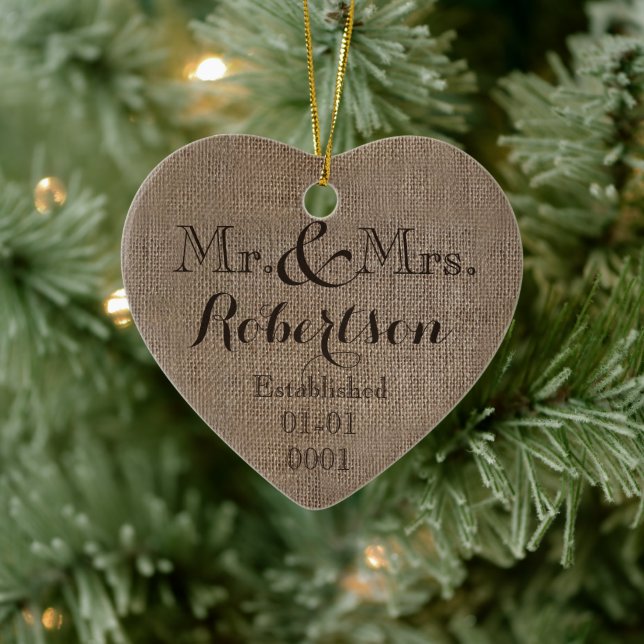 Personalised Burlap-Look Rustic Wedding Keepsake Ceramic Tree Decoration (Tree)