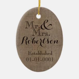 Personalised Burlap-Look Rustic Wedding Keepsake Ceramic Tree Decoration