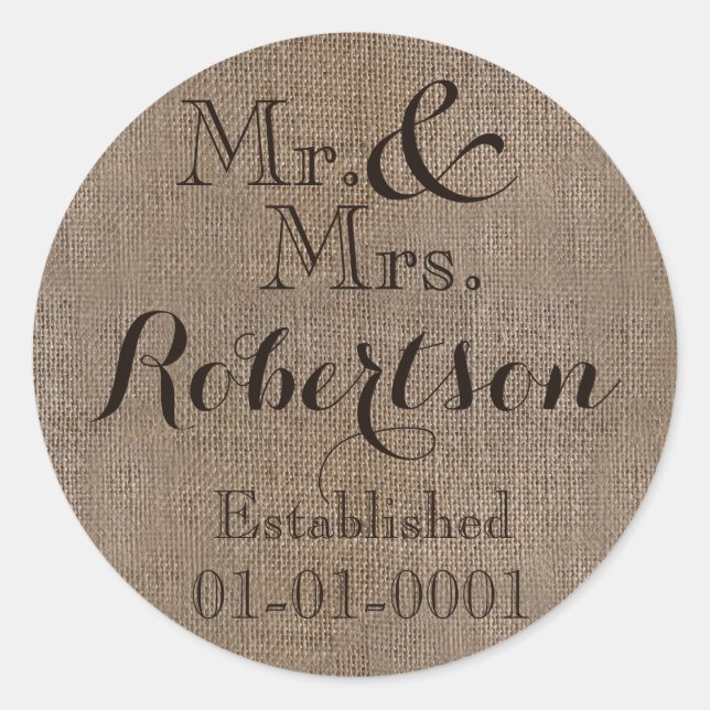 Personalised Burlap-Look Rustic Wedding Keepsake Classic Round Sticker (Front)