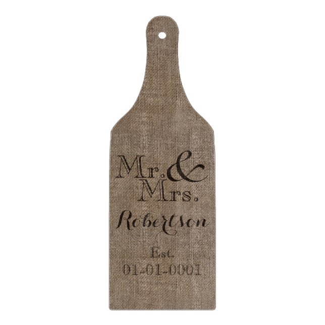 Personalised Burlap-Look Rustic Wedding Keepsake Cutting Board (Front)