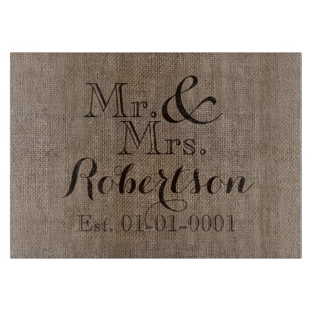 Personalised Burlap-Look Rustic Wedding Keepsake Cutting Board (Front)