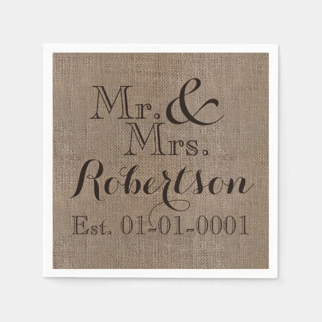 Personalised Burlap-Look Rustic Wedding Keepsake Napkin (Front)