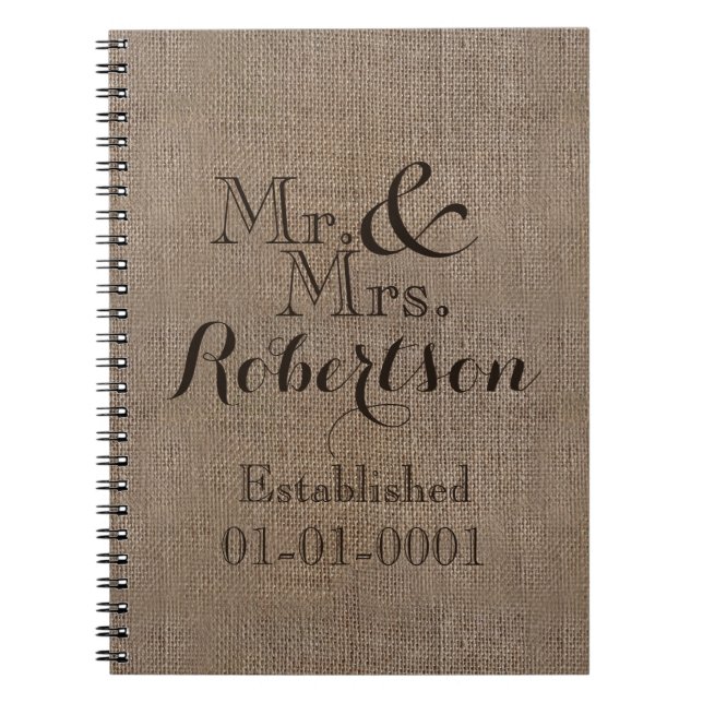 Personalised Burlap-Look Rustic Wedding Keepsake Notebook (Front)