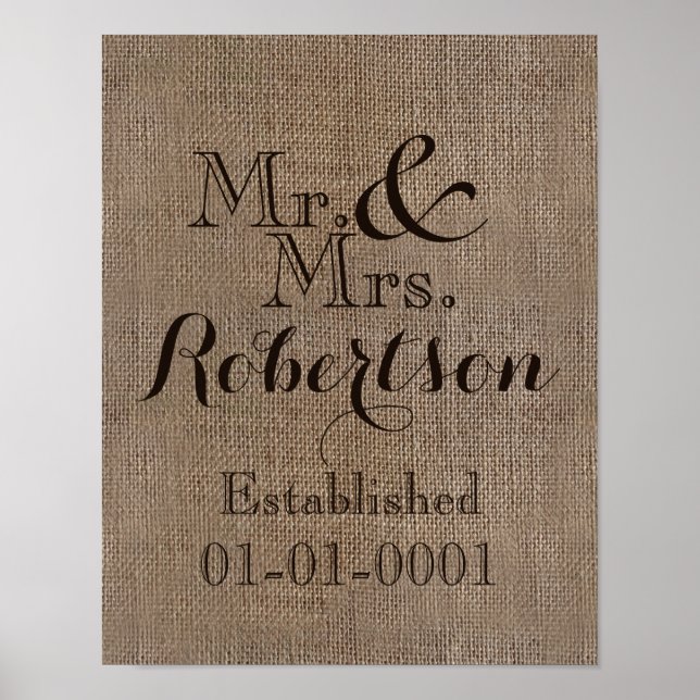 Personalised Burlap-Look Rustic Wedding Keepsake Poster (Front)
