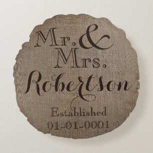 Personalised Burlap-Look Rustic Wedding Keepsake Round Cushion