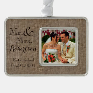 Personalised Burlap-Look Rustic Wedding Keepsake Silver Plated Framed Ornament