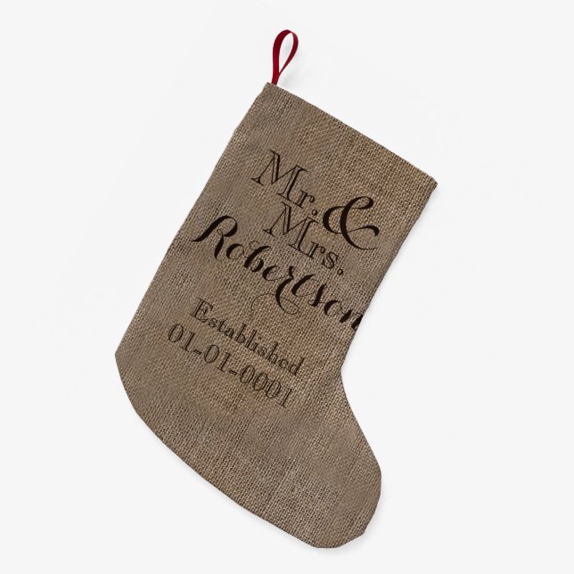 Personalised Burlap-Look Rustic Wedding Keepsake Small Christmas Stocking (Front (Hanging))