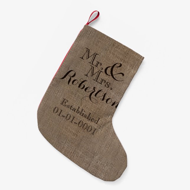 Personalised Burlap-Look Rustic Wedding Keepsake Small Christmas Stocking (Front (Hanging))