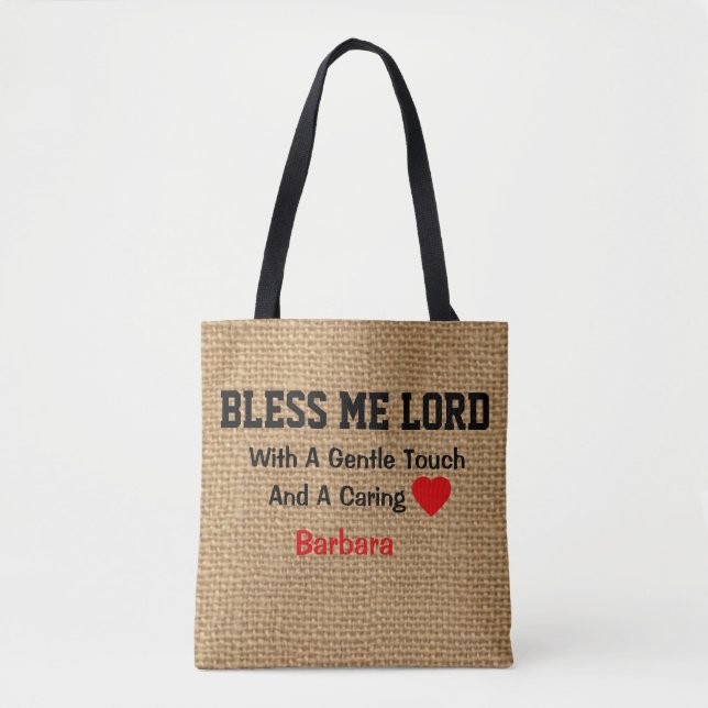 Personalised  Burlap Print Prayer  for Nurses Tote Bag (Front)