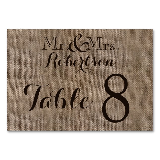 Personalised Burlap Rustic Wedding Table Number (Front)