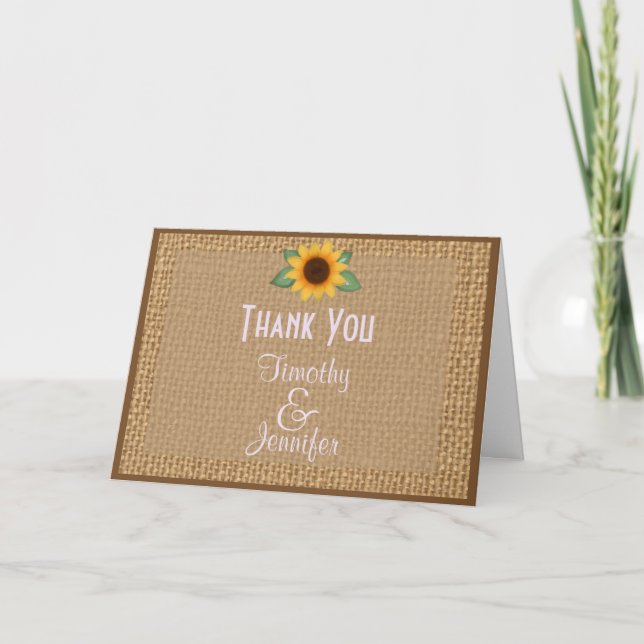 Personalised Burlap Sunflower Thank You Note Card (Front)
