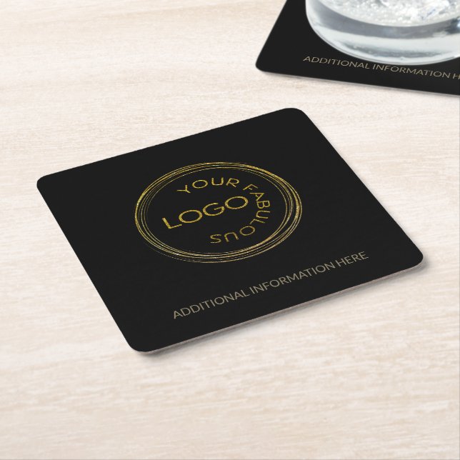 Personalised Business Black Gold Add Your Logo  Square Paper Coaster (Angled)