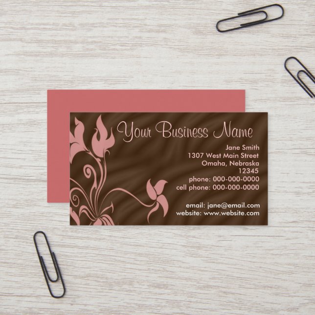 Personalised Business Cards, Feminine Pink / Brown Business Card (Front/Back In Situ)